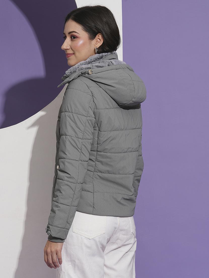 globus women grey mock neck front pockets winter wear insulator puffer jacket with detachable hood - 21674619 - Standard Image - 2
