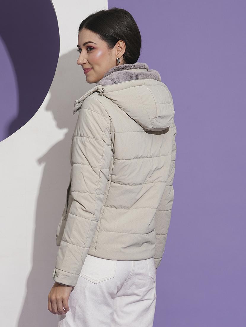 globus women off white mock neck front pockets winter wear insulator puffer jacket with detachable hood - 21674620 - Standard Image - 2