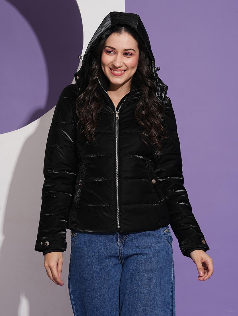 globus women black mock neck front pockets winter wear insulator puffer jacket with detachable hood - 21674621 - Zoom Image - 0