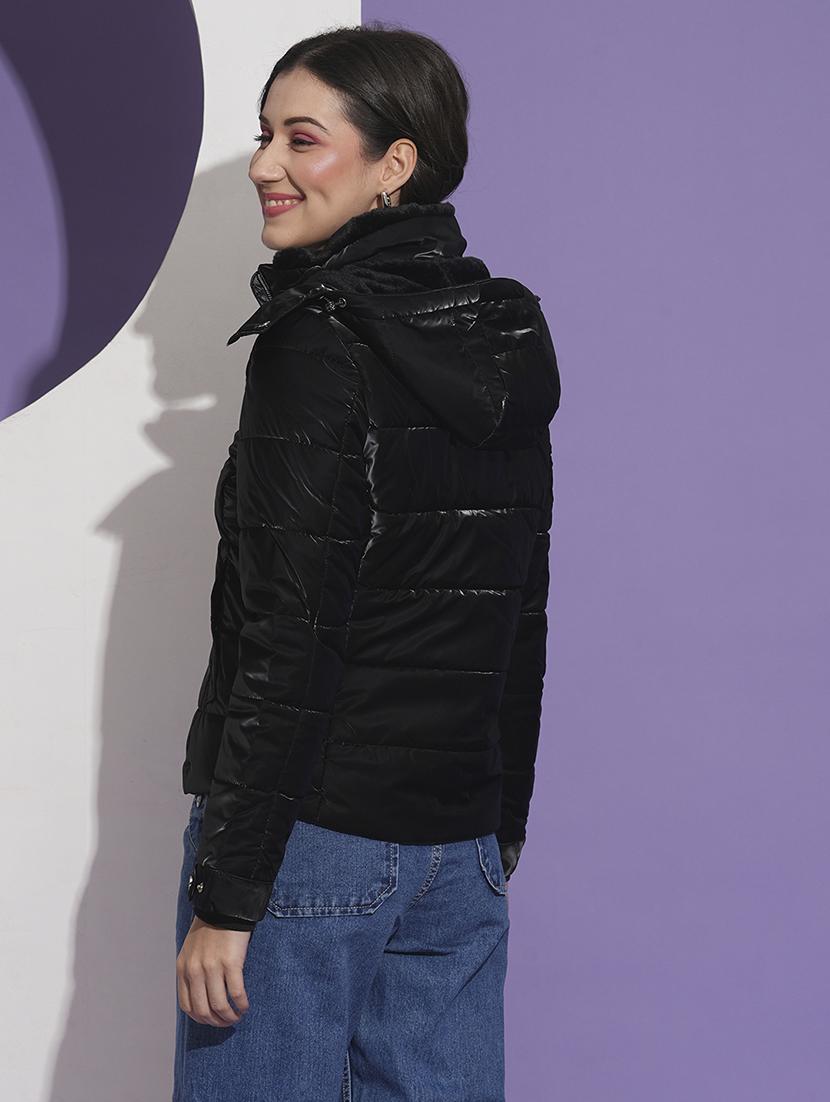 globus women black mock neck front pockets winter wear insulator puffer jacket with detachable hood - 21674621 - Standard Image - 2