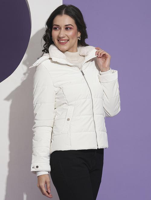 globus women white mock neck front pockets winter wear insulator puffer jacket with detachable hood - 21674622 - Standard Image - 0