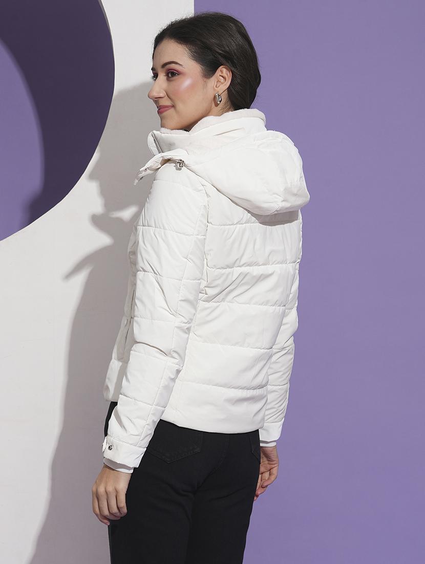 globus women white mock neck front pockets winter wear insulator puffer jacket with detachable hood - 21674622 - Standard Image - 2