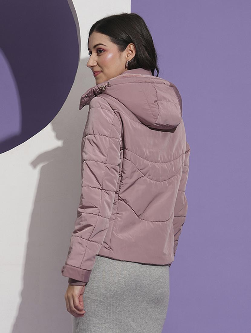 globus women pink mock neck front pockets winter wear insulator puffer jacket with detachable hood - 21674623 - Standard Image - 2