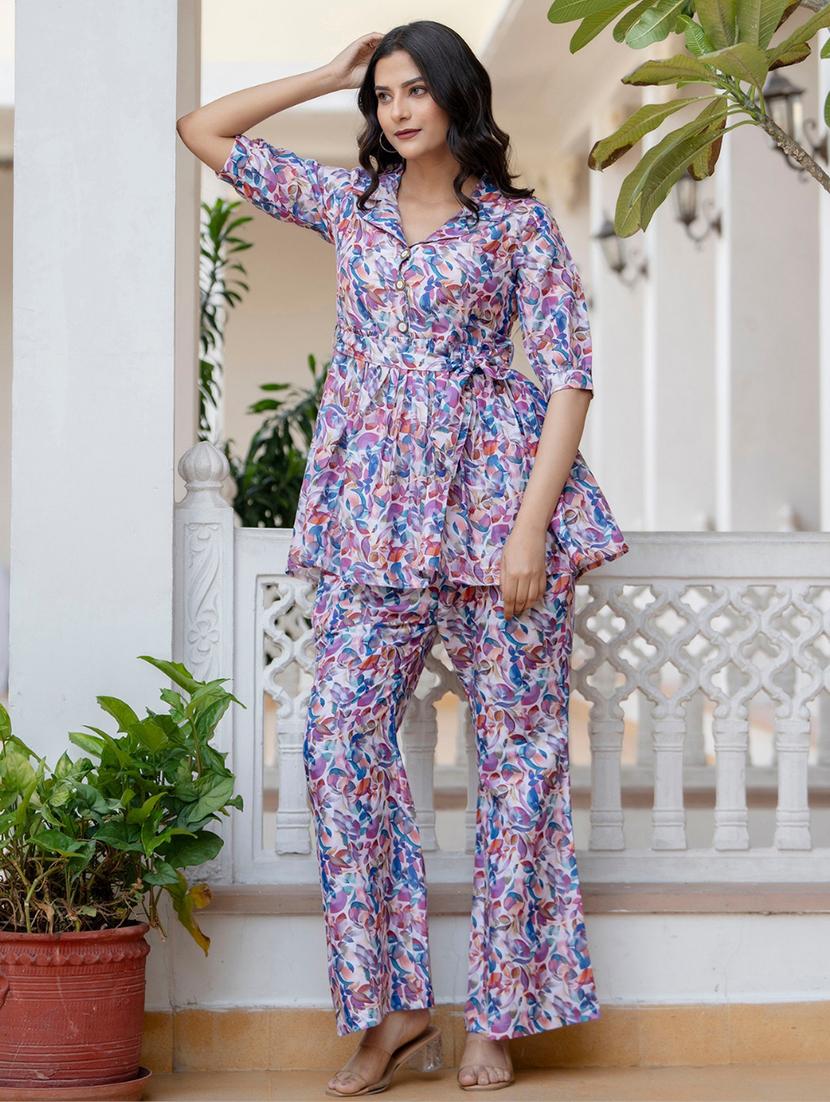 women multi color printed lapel neck co-ord sets - 21674679 - Standard Image - 2
