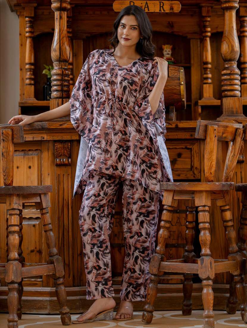 women brown printed v neck co-ord sets