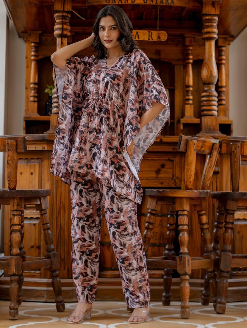 women brown printed v neck co-ord sets - 21674680 - Standard Image - 2