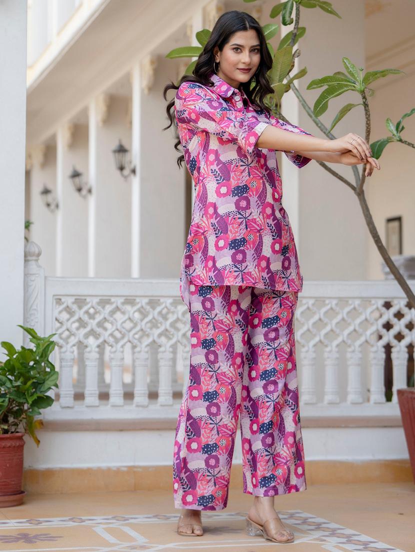 women pink floral printed shirt collar neck co-ord sets - 21674682 - Standard Image - 2