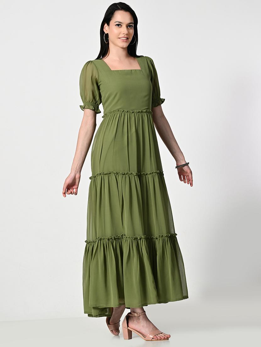women olive solid puff sleeve tiered dress - 21675140 - Standard Image - 2