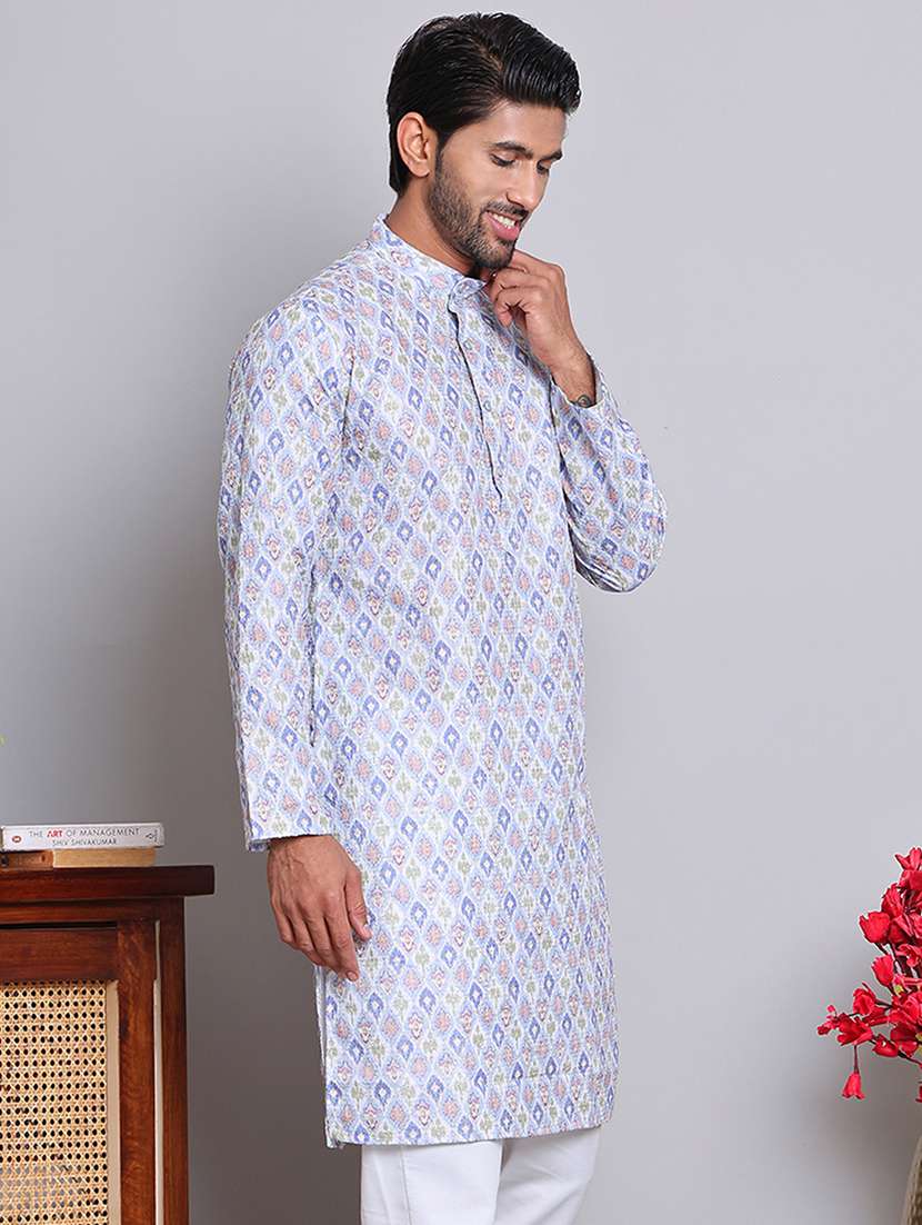 men printed mandarin neck long kurta