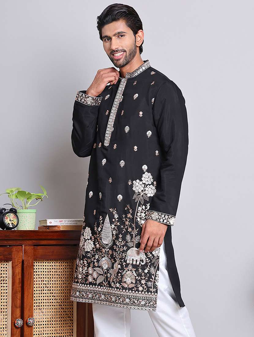 men embroidered mandarin neck long kurta - 21675173 -  Standard Image - 2
