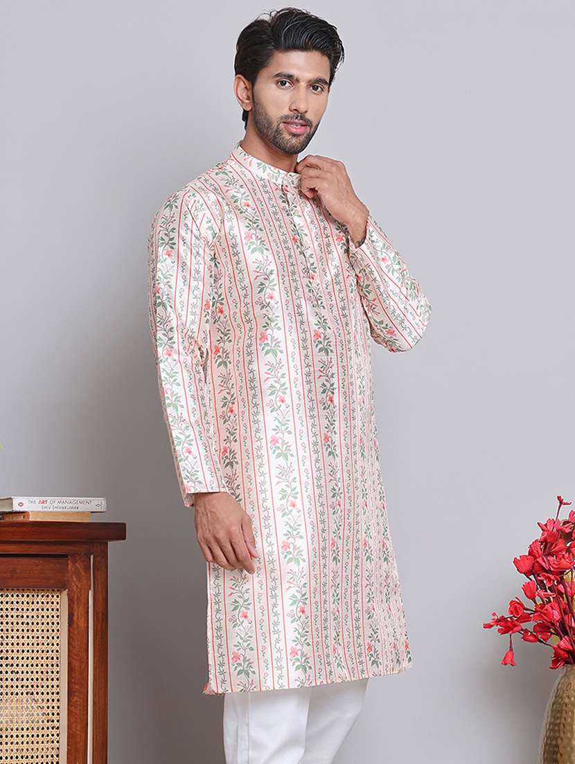 men floral mandarin neck long kurta