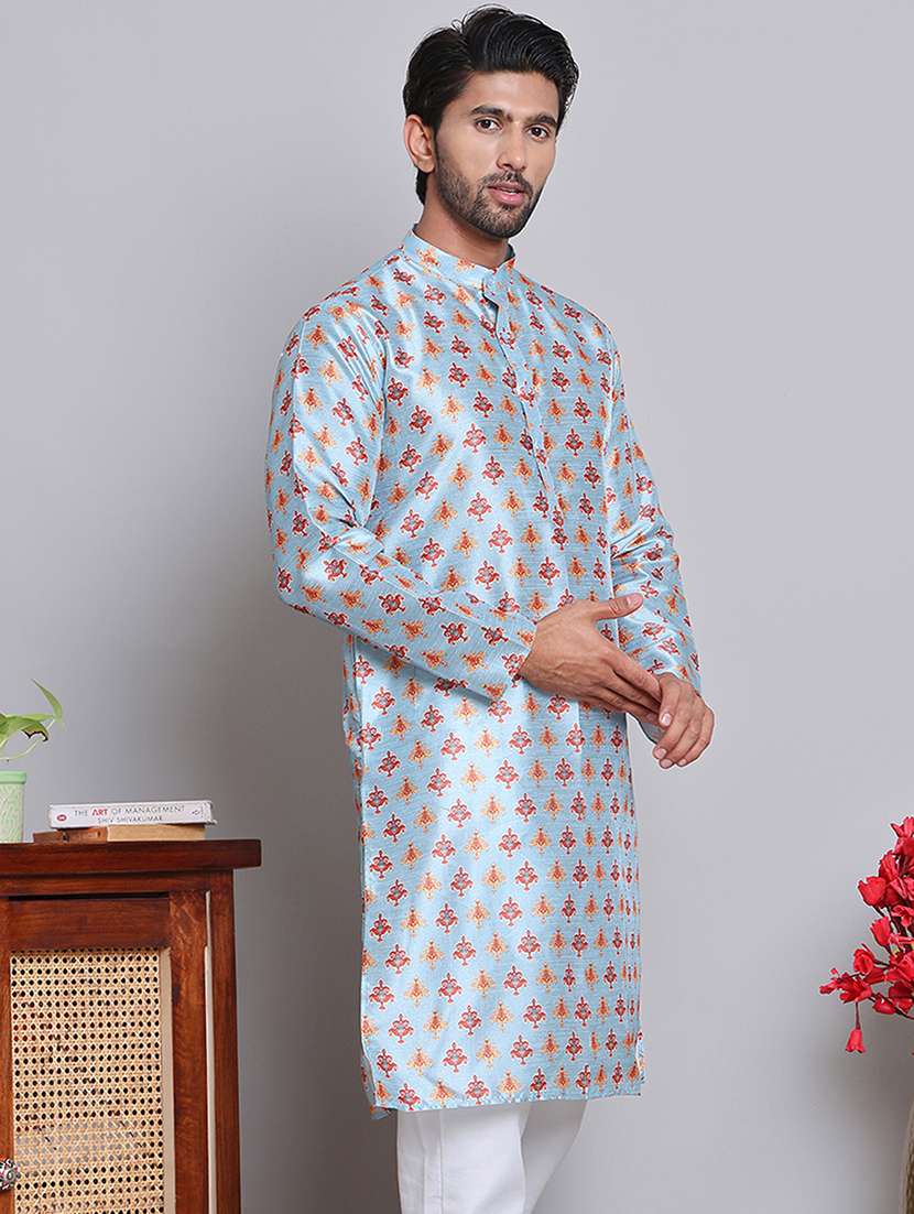 men printed mandarin neck long kurta
