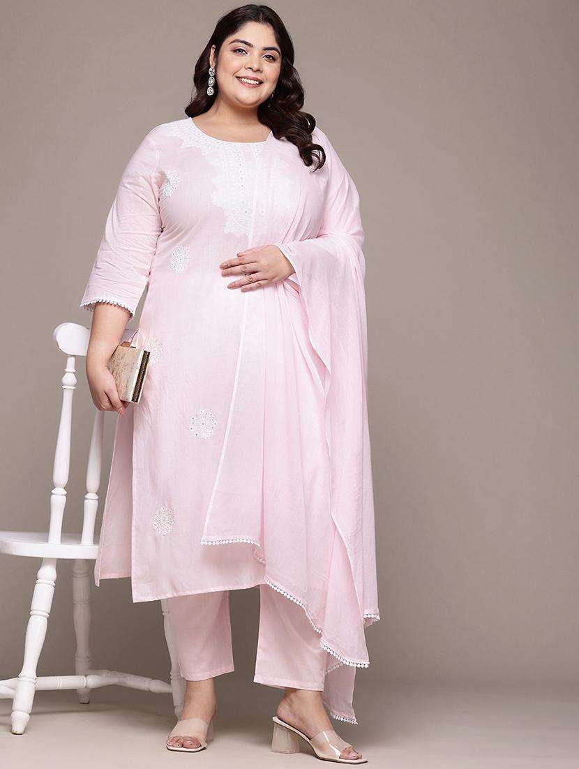women plus size three quarter sleeve kurta pant with dupatta set