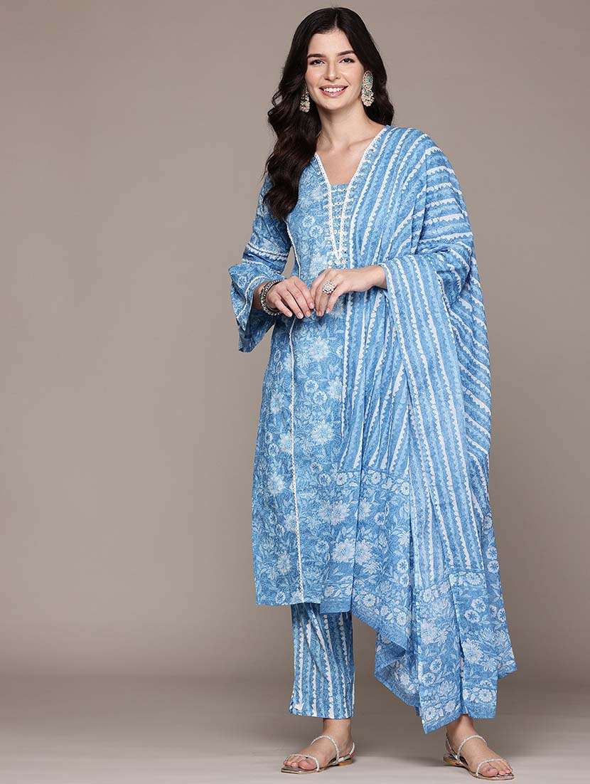 women three quarter sleeve kurta pant with dupatta set