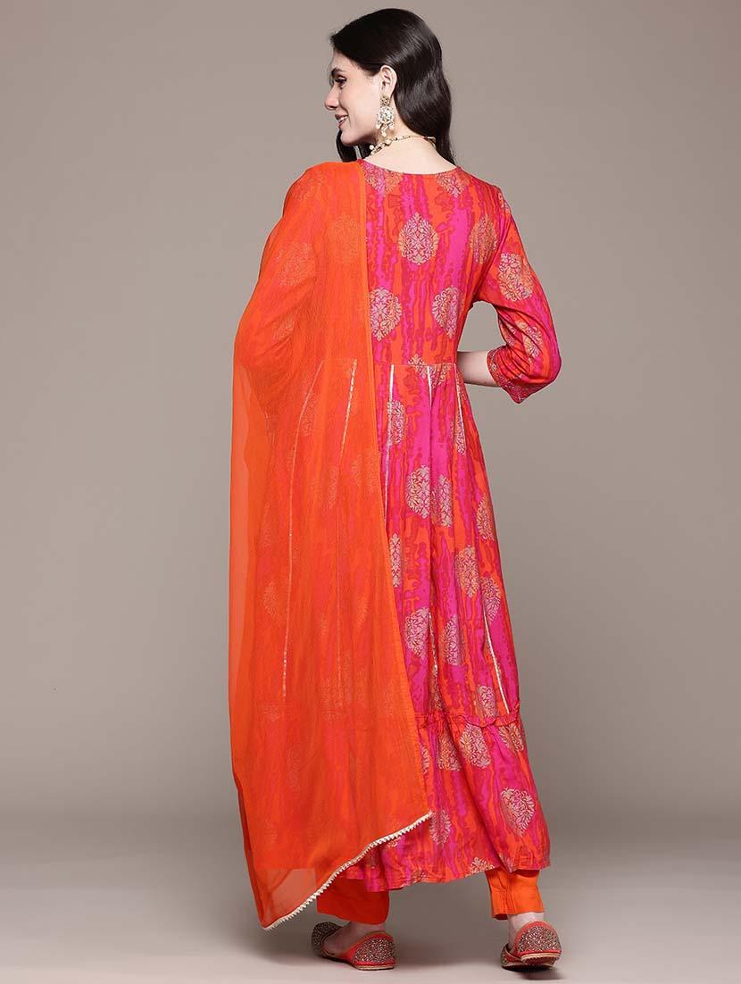 women three quarter sleeve anarkali kurta pant with dupatta set - 21675380 - Standard Image - 2