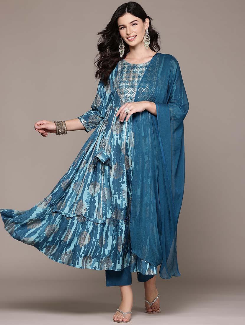 women three quarter sleeve anarkali kurta pant with dupatta set - 21675381 -  Zoom Image - 0