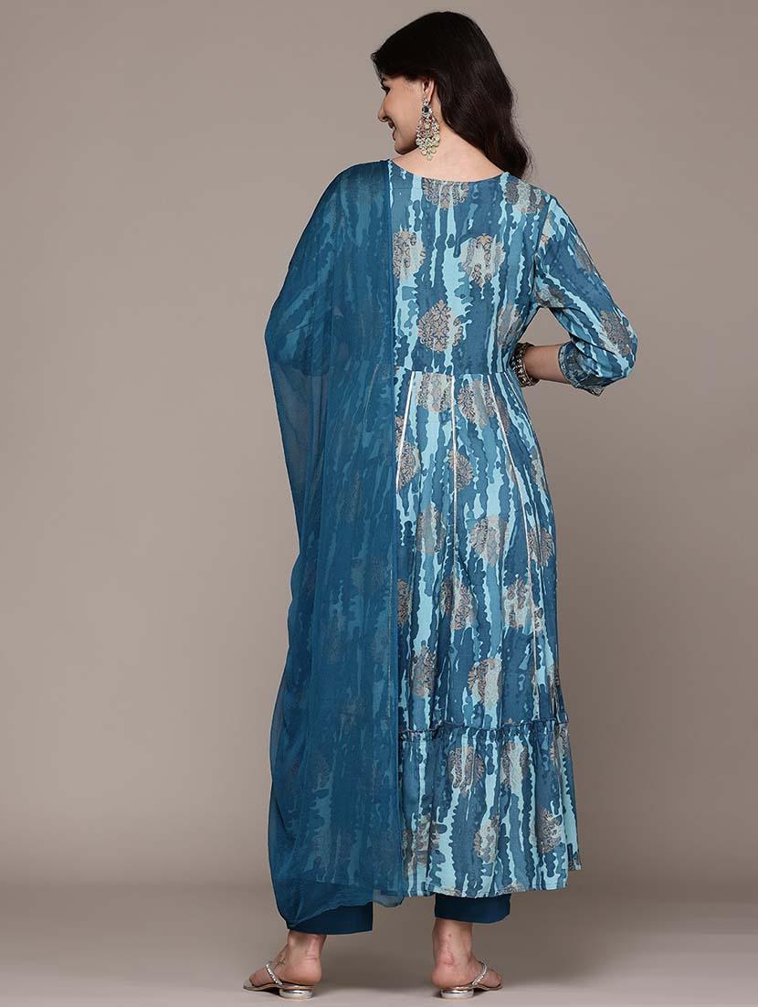 women three quarter sleeve anarkali kurta pant with dupatta set - 21675381 - Standard Image - 2