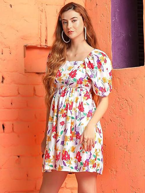 women floral print puff sleeves a-line dress - 21675398 - Standard Image - 0