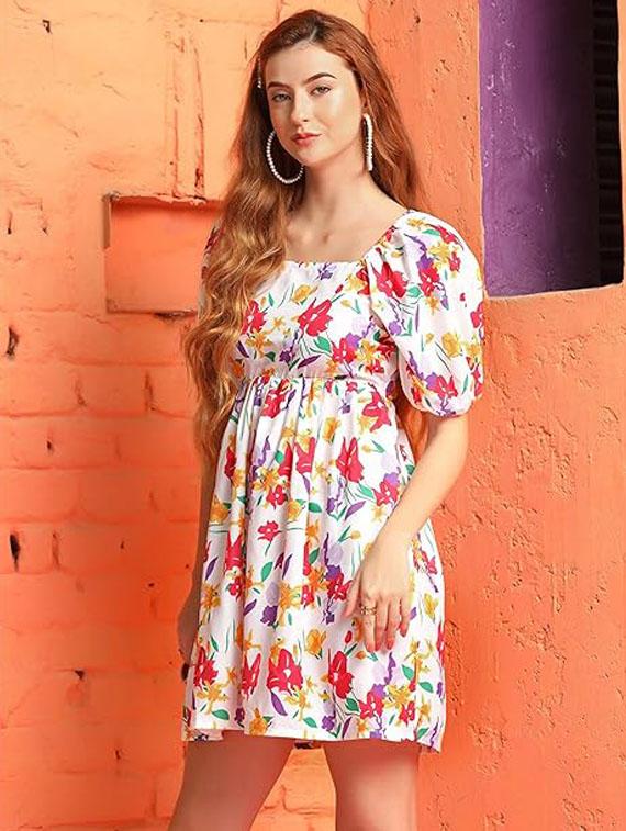 women floral print puff sleeves a-line dress - 21675398 - Zoom Image - 0