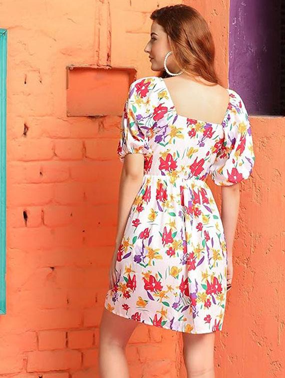 women floral print puff sleeves a-line dress - 21675398 - Standard Image - 2