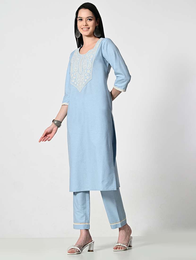 women light blue embroidered kurta pant set - 21675424 - Standard Image - 2