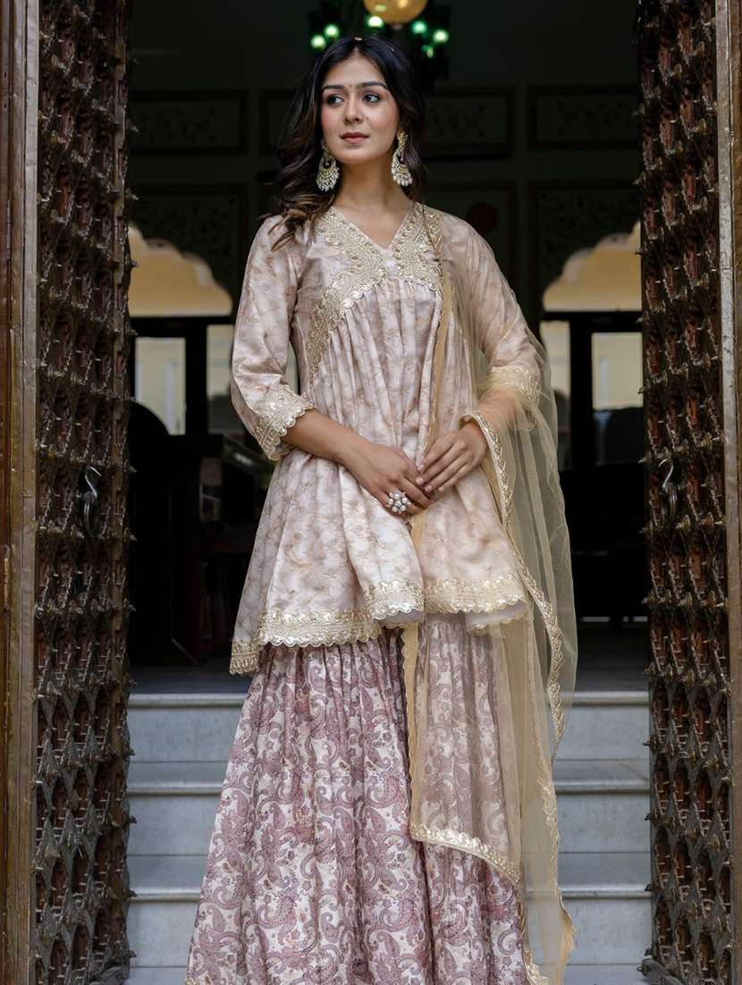 women brown printed kurta sharara set