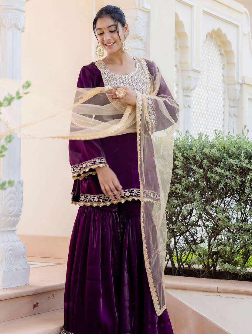 women embroidered kurta sharara with dupatta set