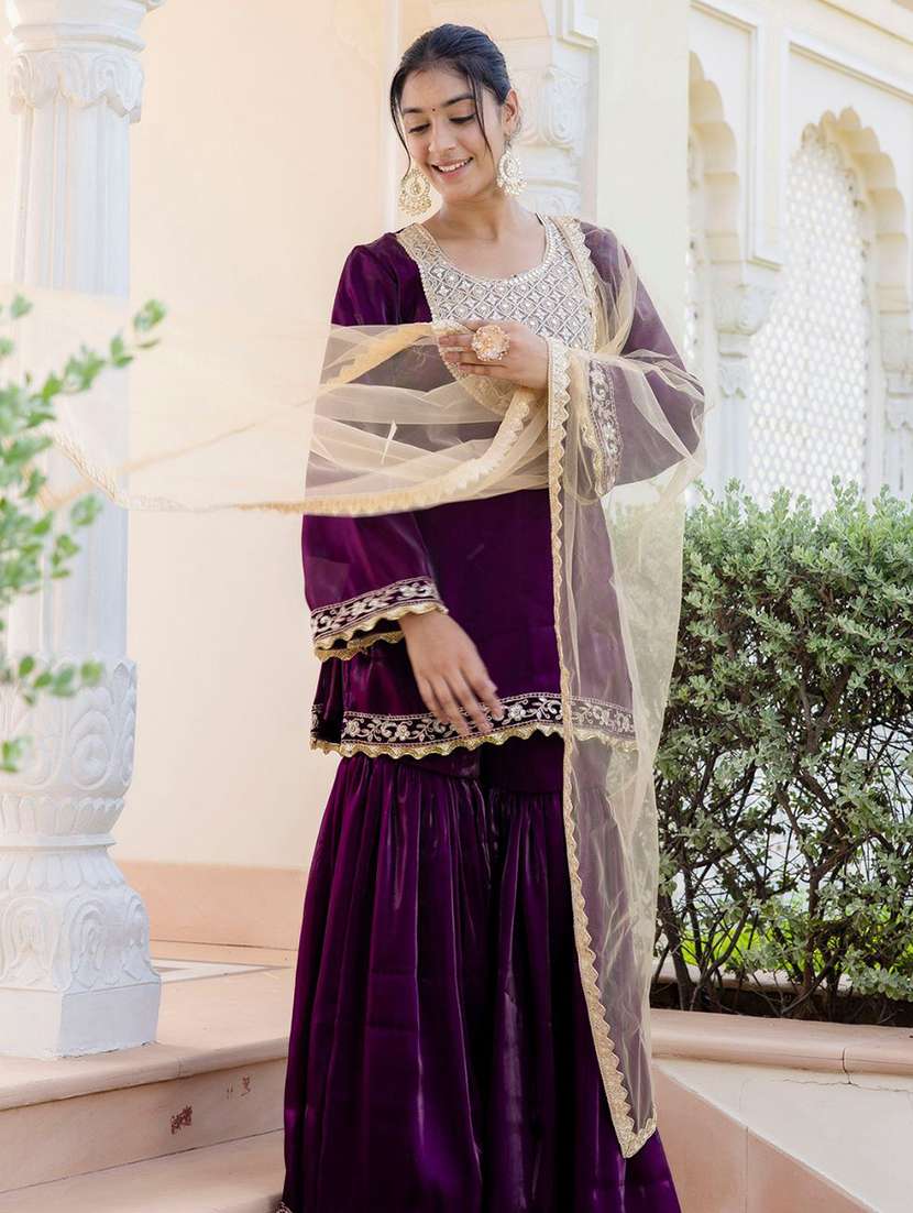 women purple embroidered kurta sharara set