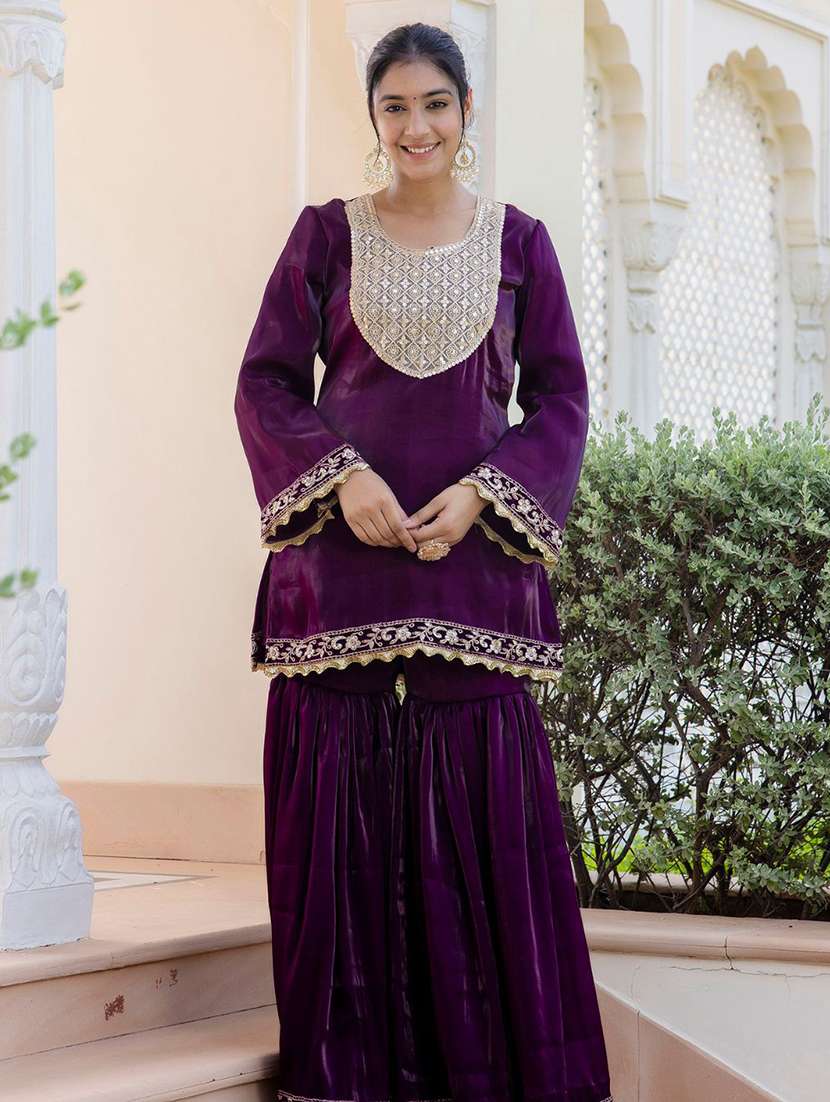 Women Purple Embroidered Kurta Sharara Set