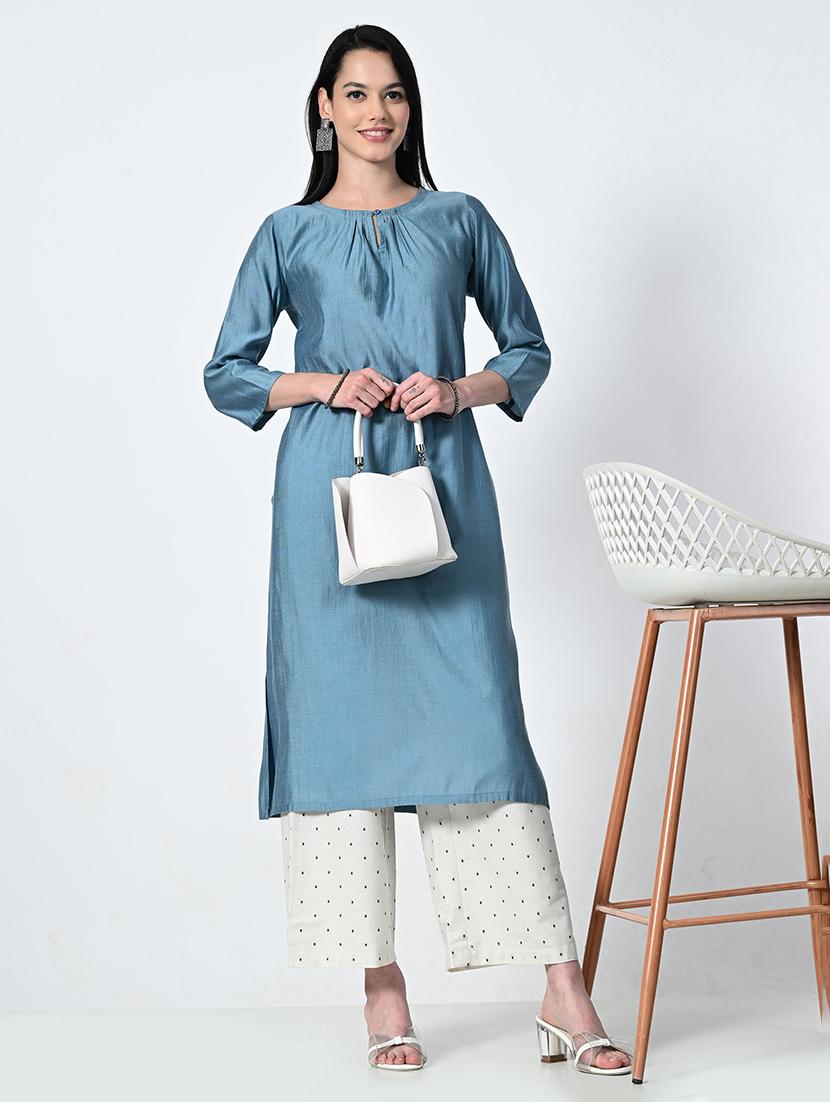 women blue three quarter sleeve a-line kurta - 21675527 -  Zoom Image - 0