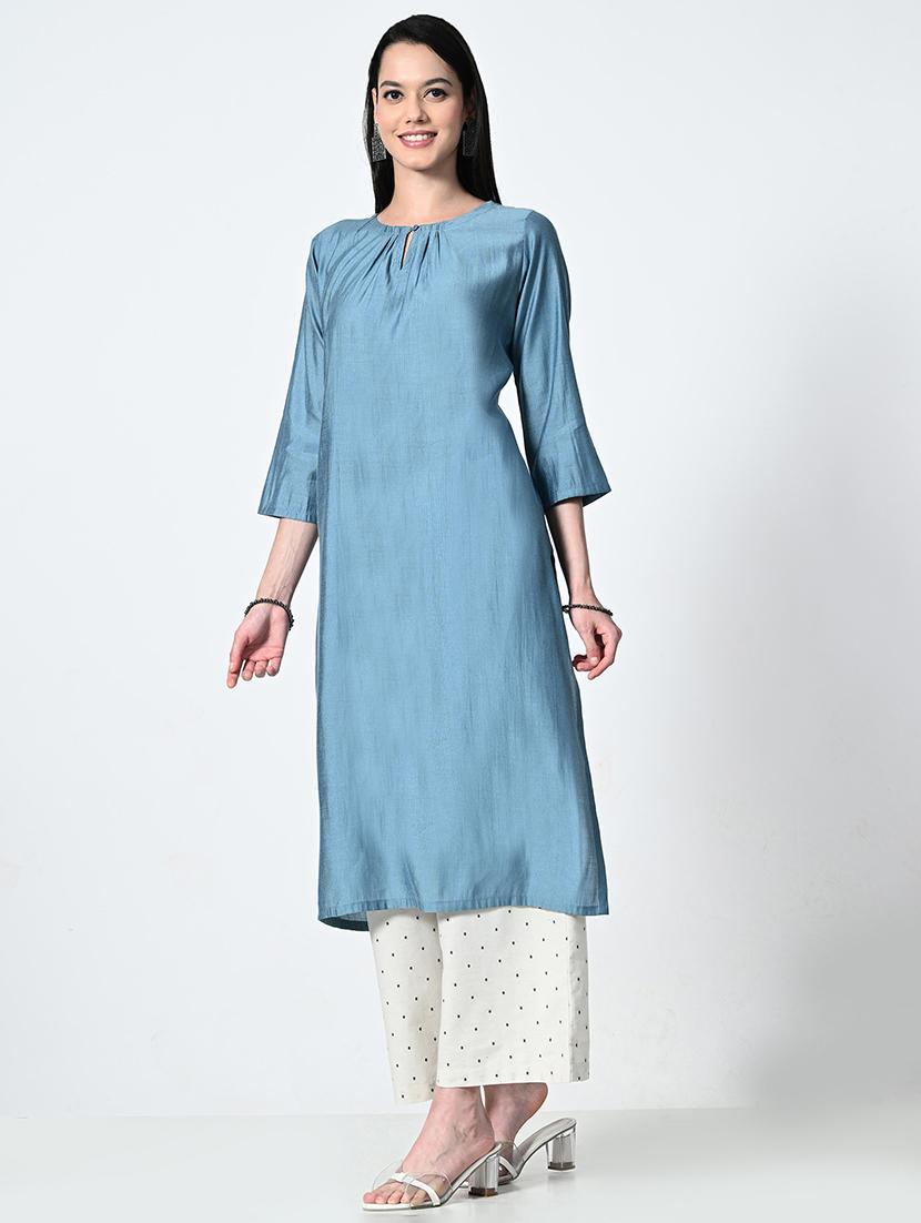 women blue three quarter sleeve a-line kurta - 21675527 - Standard Image - 2