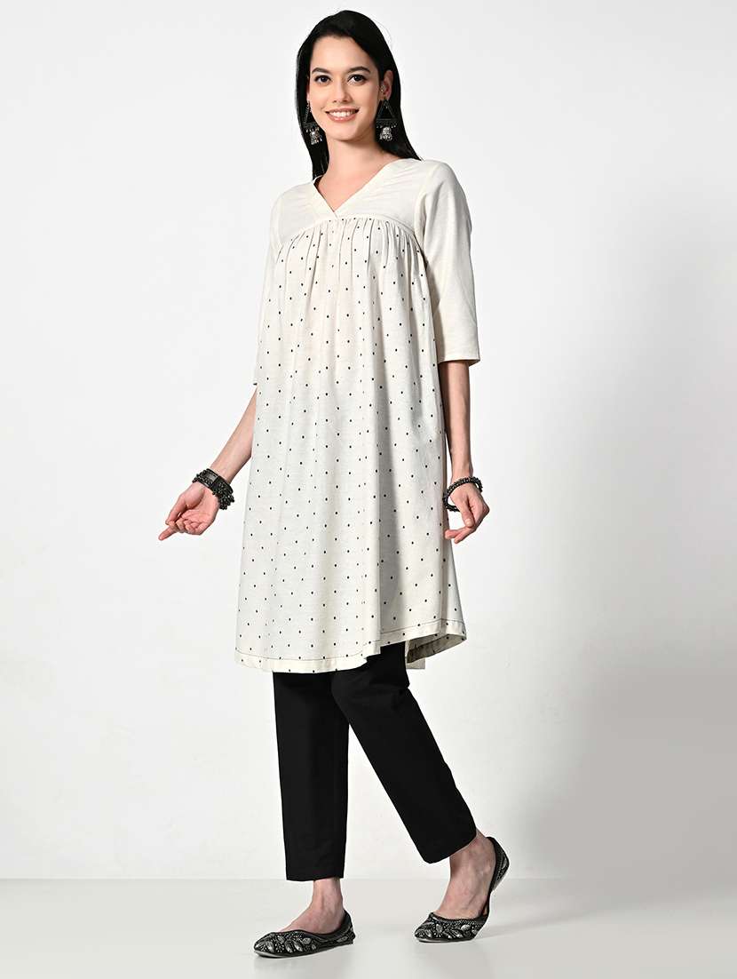 women cream elbow sleeve a-line kurta - 21675528 -  Standard Image - 2