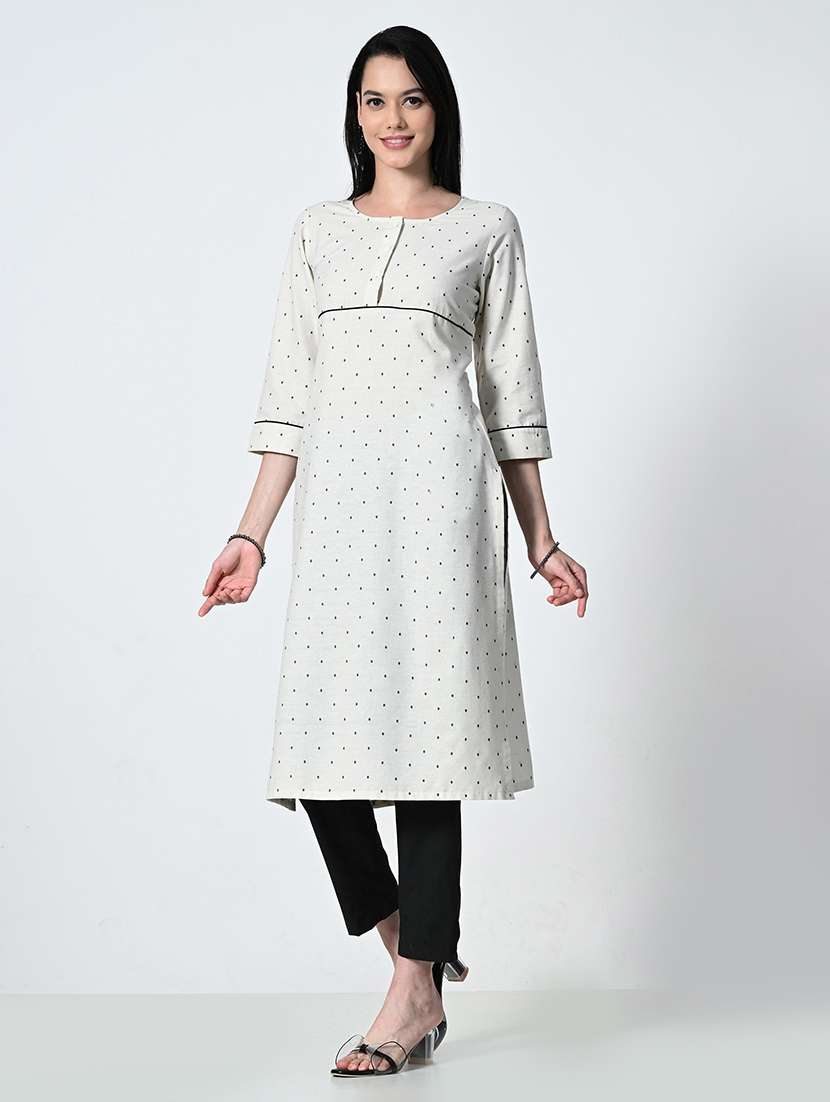 women cream three quarter sleeve a-line kurta - 21675529 -  Standard Image - 2