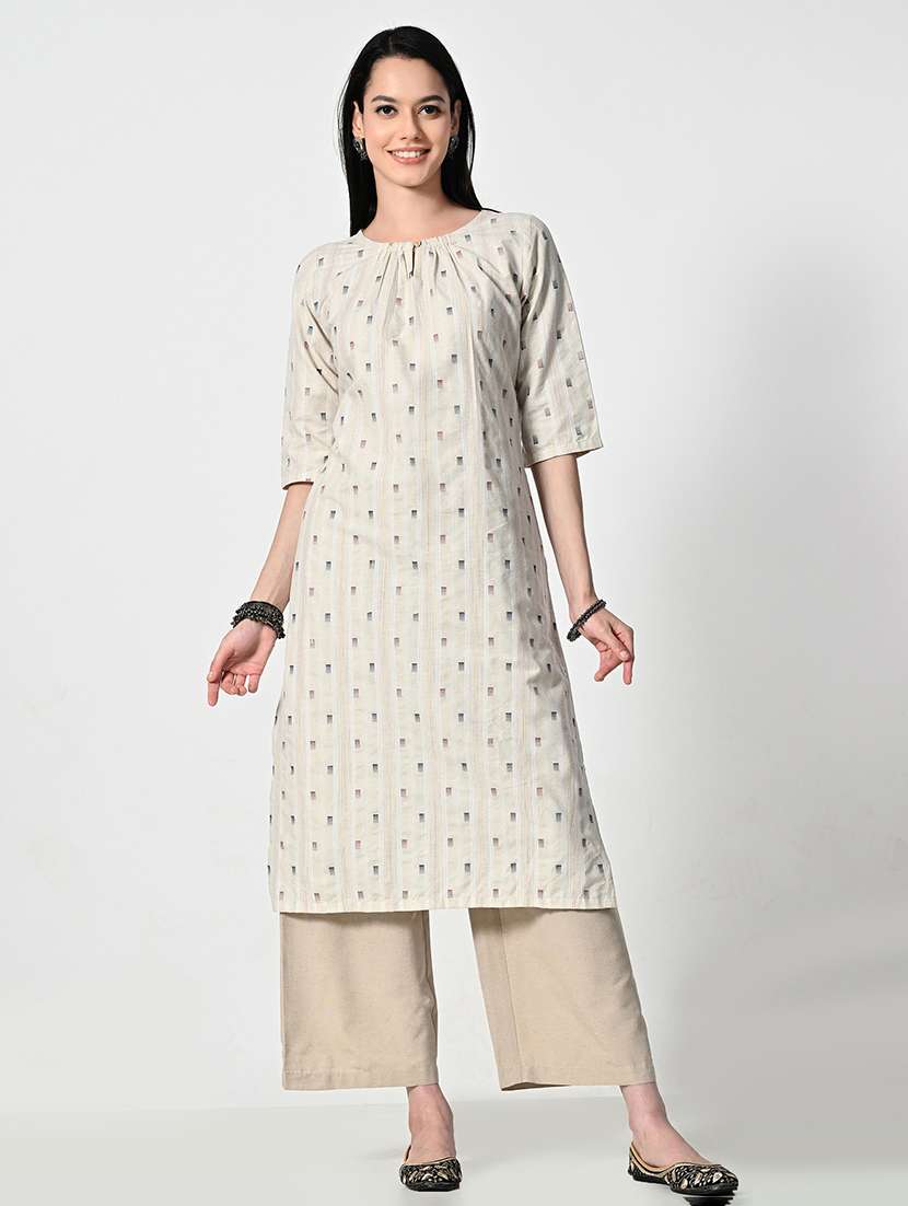 women cream self design elbow sleeve a-line kurta