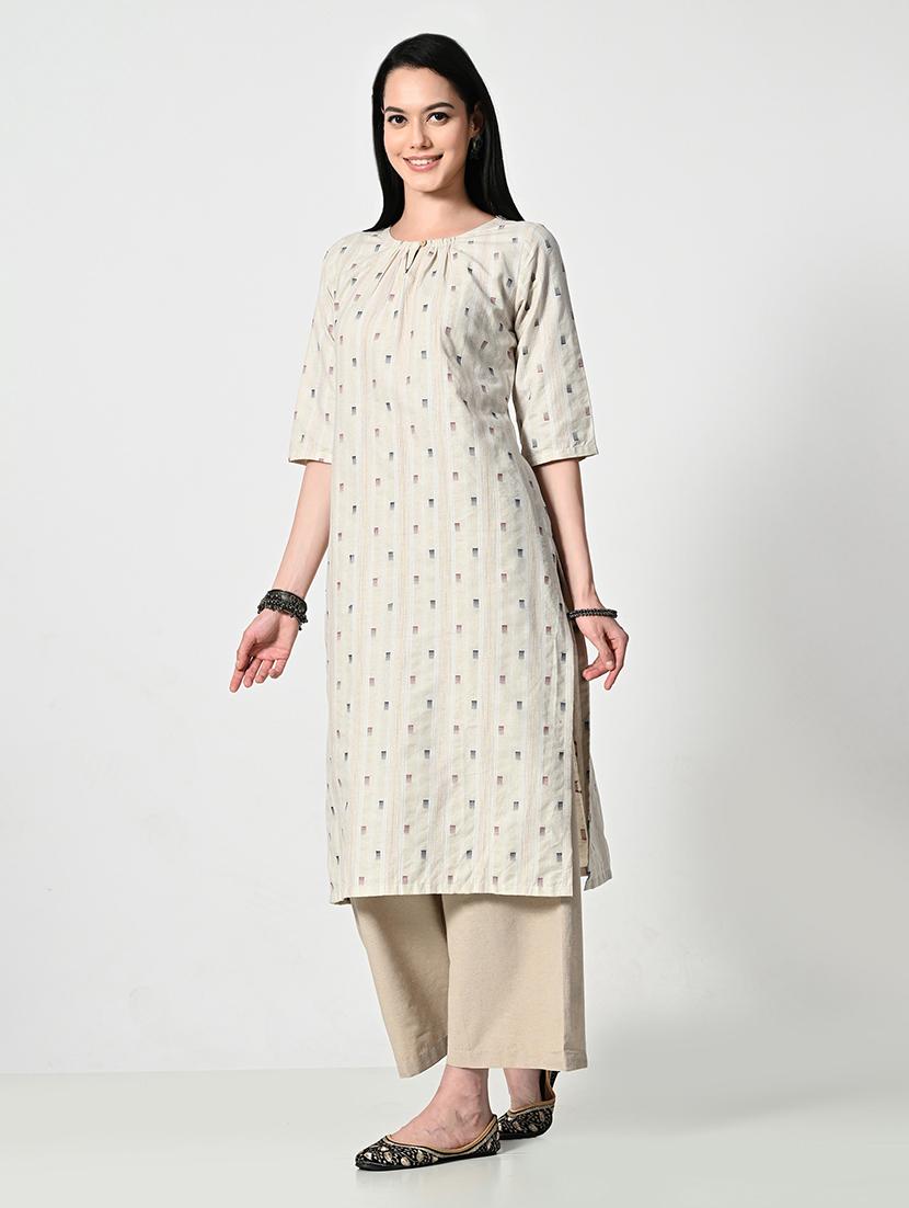 women cream self design elbow sleeve a-line kurta - 21675531 - Standard Image - 2