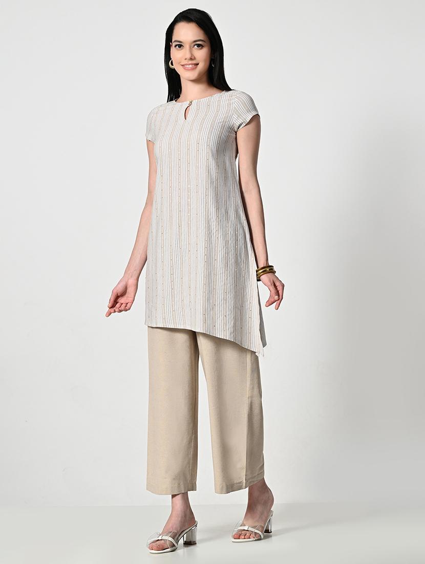 womne striped short sleeve asymmetric kurti - 21675534 - Standard Image - 2