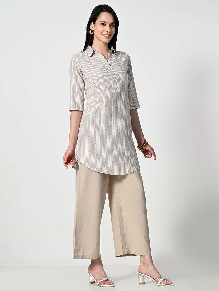 womne striped three qurter sleeve sleeve a-line kurti - 21675535 - Standard Image - 2