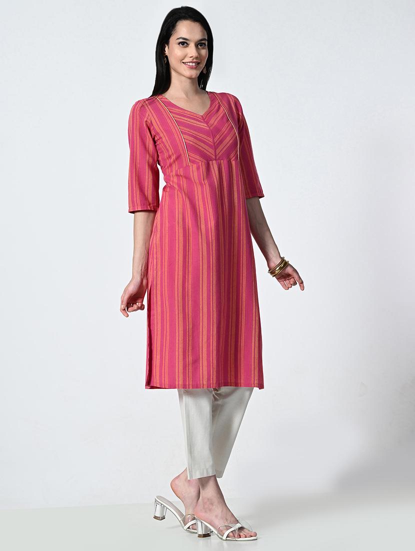 womne striped elbow sleeve straight kurta - 21675536 - Standard Image - 2