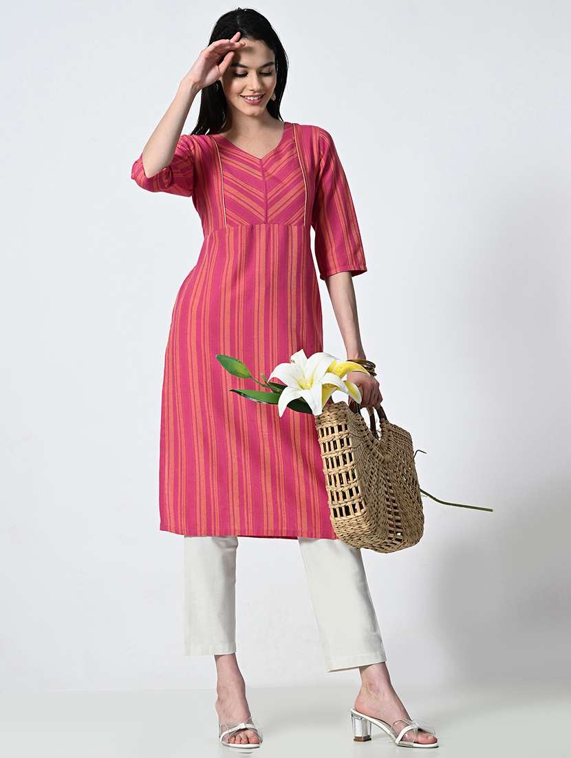 Womne Striped Elbow Sleeve Straight Kurta 