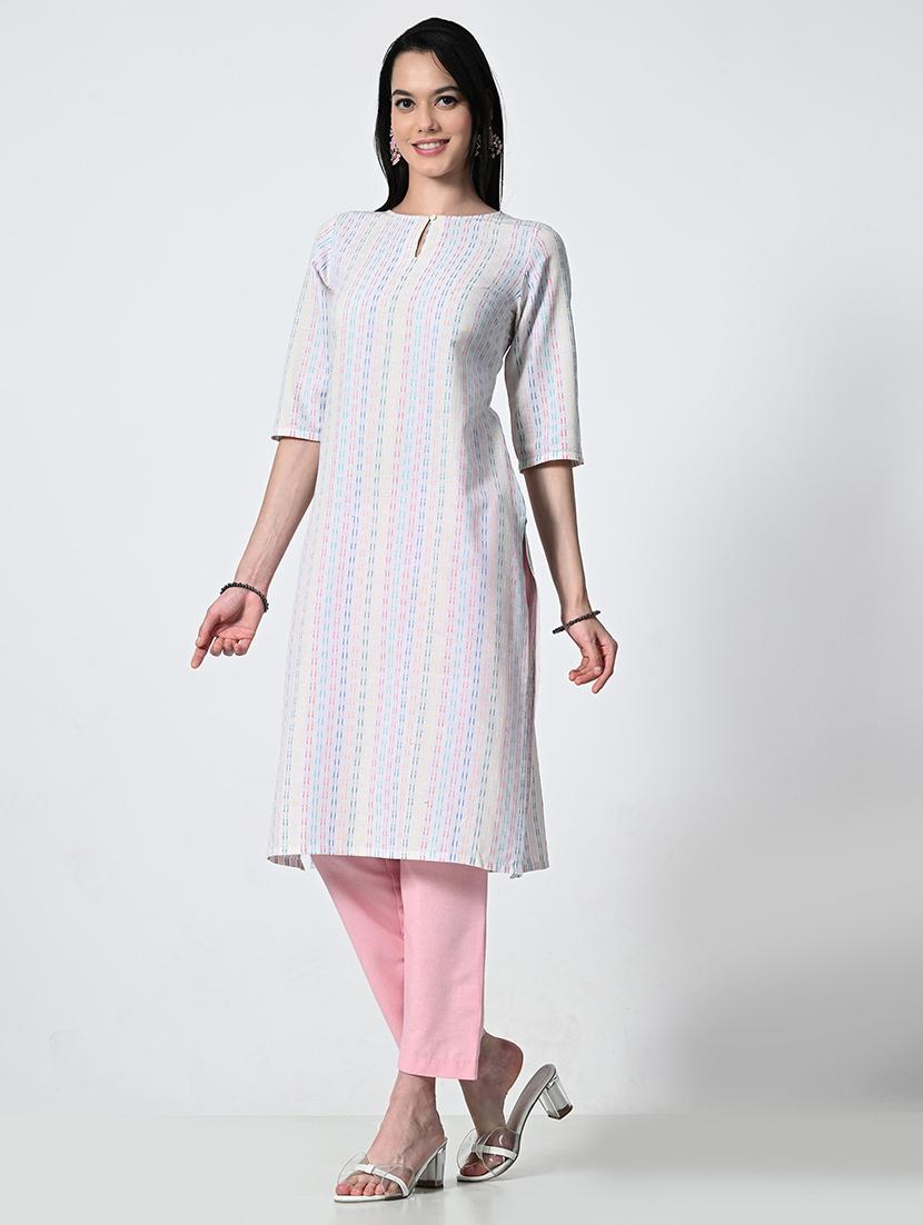 womne self design elbow sleeve straight kurta - 21675538 - Standard Image - 2