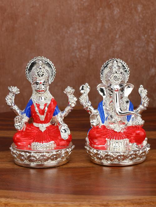 pure silver plated laxmi ganesha pair goddess idol for diwali pooja gifting 3.5 inch - 21676113 - Standard Image - 0