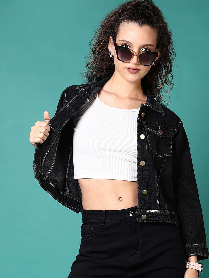 women solid collared denim jacket - 21676145 -  Standard Image - 2