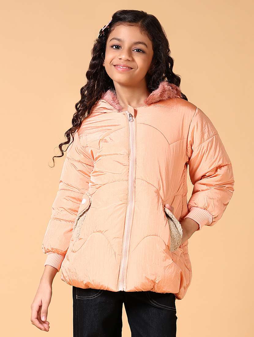girls peach long sleeve quilted jacket