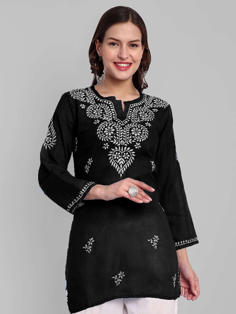 women chikankari long sleeve straight kurti