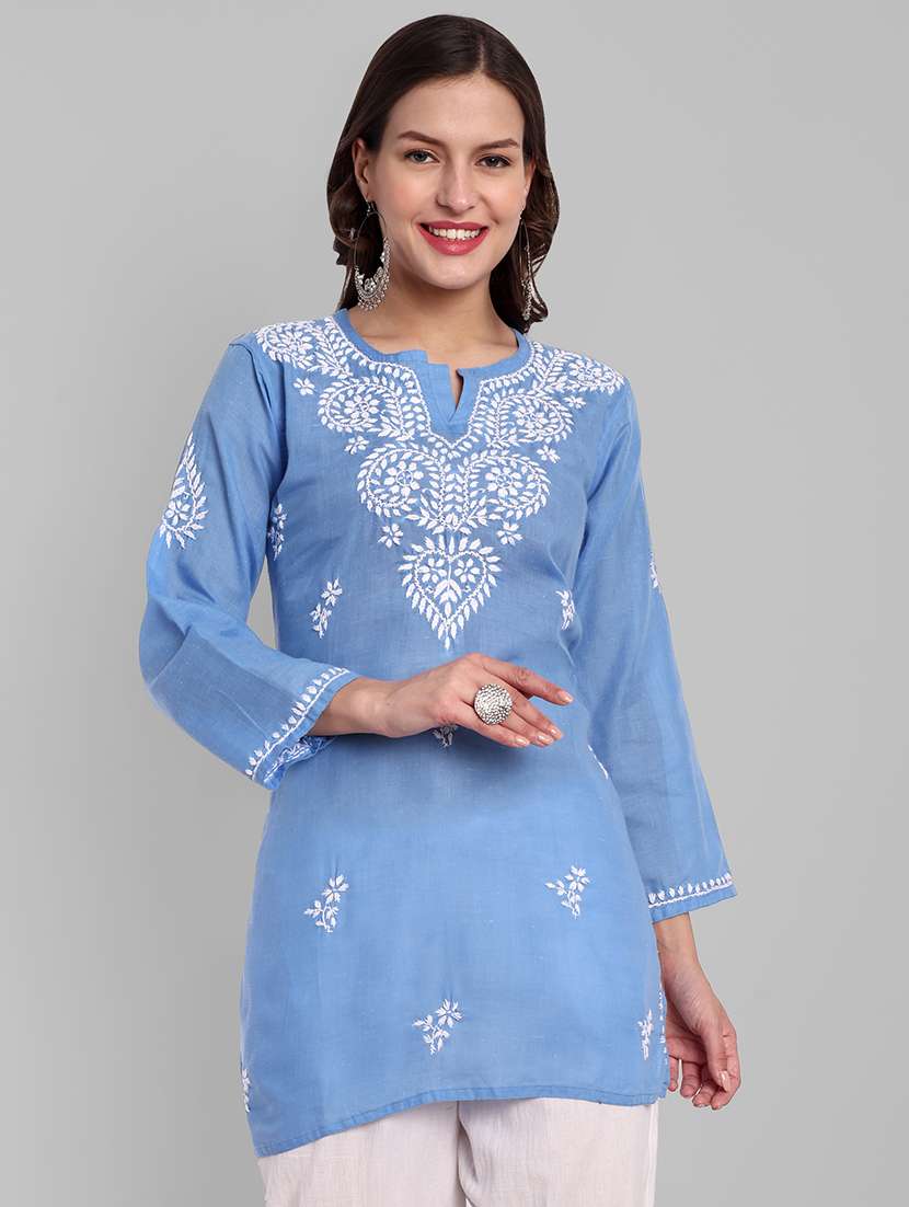 women chikankari long sleeve straight kurti