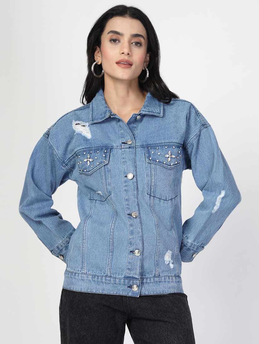 women distressed long sleeves denim jacket