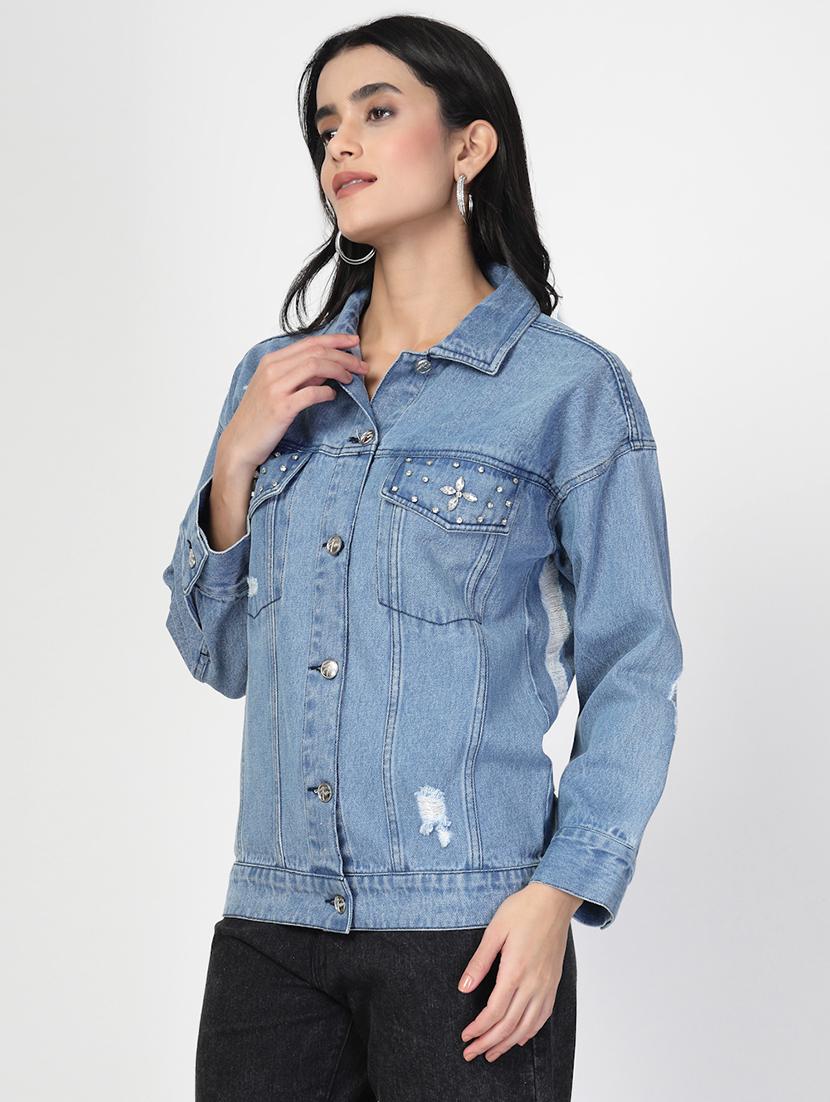 women distressed long sleeves denim jacket - 21677518 - Standard Image - 2
