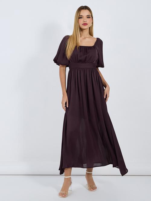 women solid puff sleeves dress with pocket - 21677559 -  Standard Image - 0