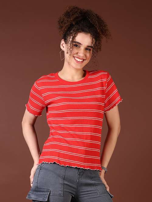 women red stripes short sleeve t-shirt - 21677672 - Standard Image - 0
