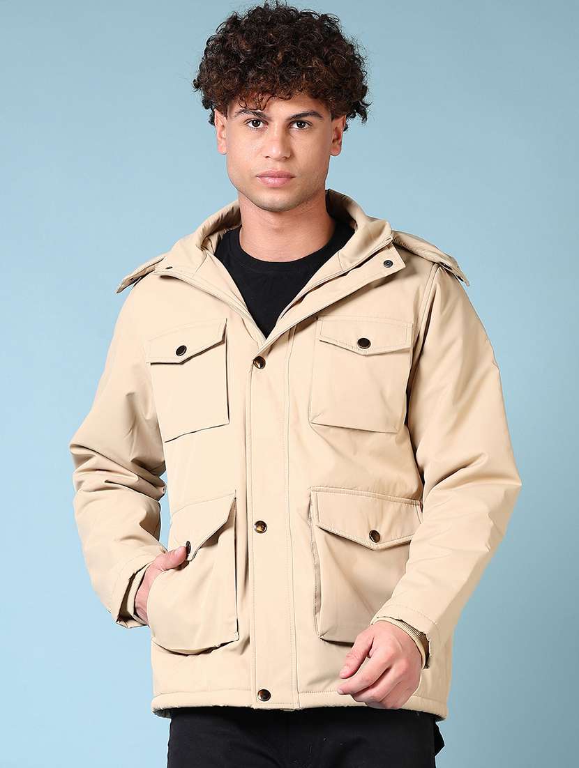 men solid hooded long sleeves utility jacket
